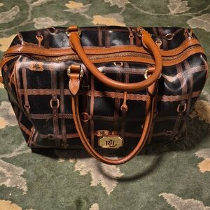 Ralph Lauren Black & Brown Patterned Leather-Trim Hobo Bag